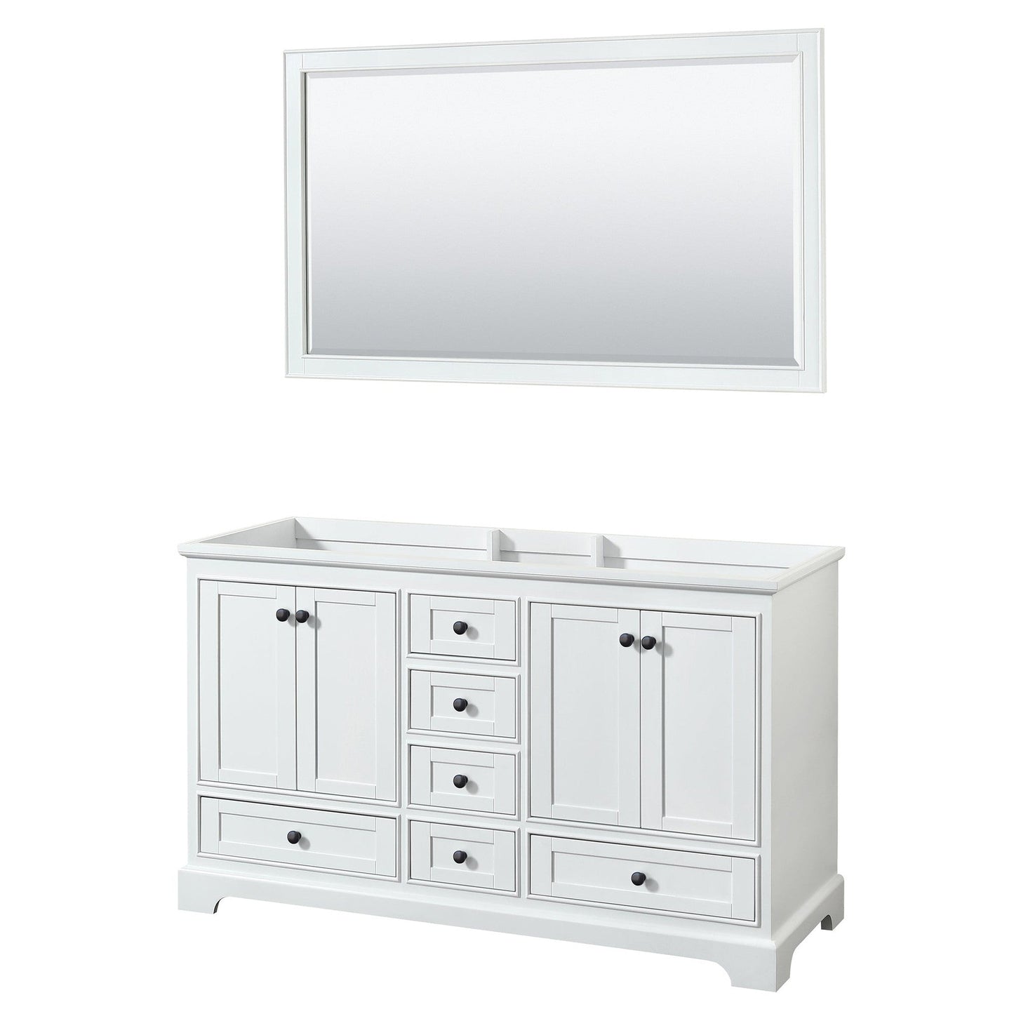 Deborah 60" Double Bathroom Vanity in White, No Countertop, No Sinks, Matte Black Trim, 58" Mirror