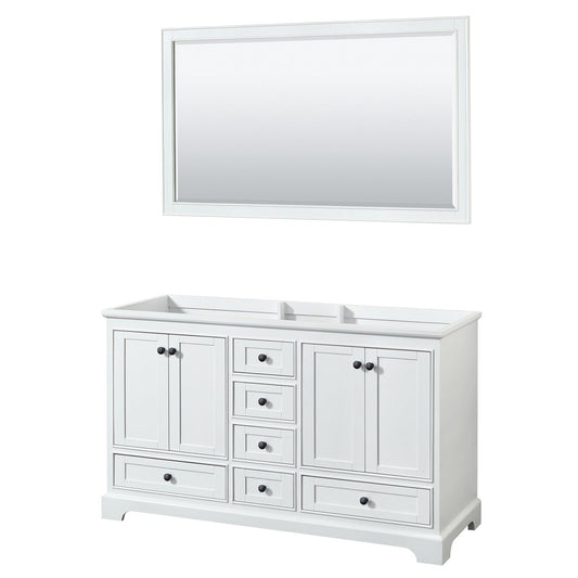 Deborah 60" Double Bathroom Vanity in White, No Countertop, No Sinks, Matte Black Trim, 58" Mirror