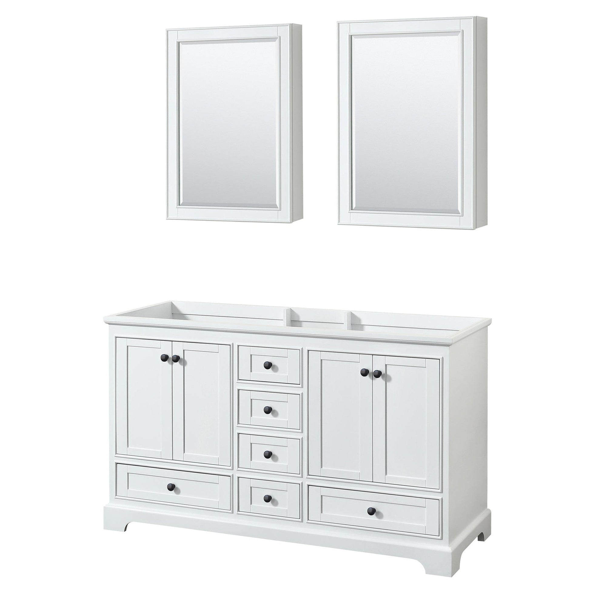 Deborah 60" Double Bathroom Vanity in White, No Countertop, No Sinks, Matte Black Trim, Medicine Cabinets
