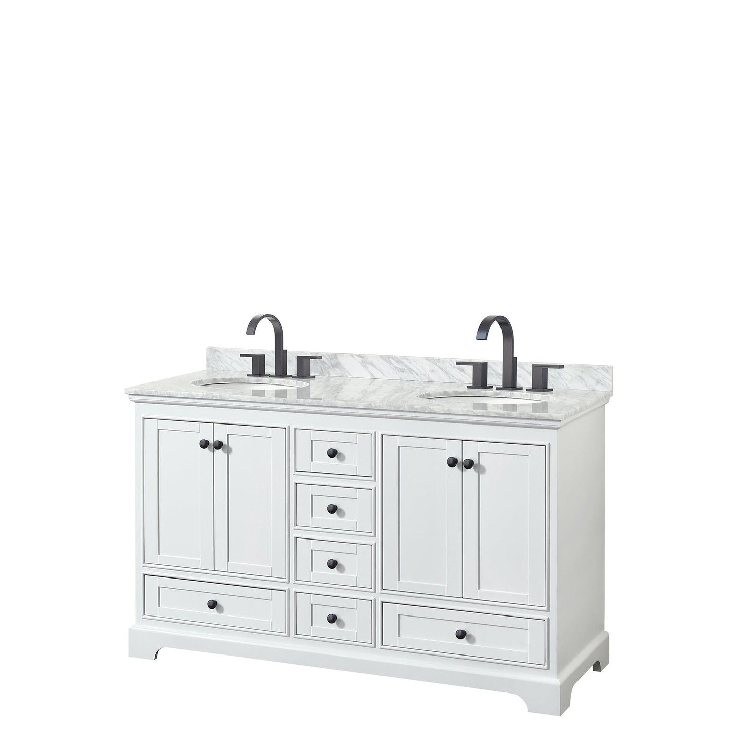 Deborah 60" Double Bathroom Vanity in White, White Carrara Marble Countertop, Undermount Oval Sinks, Matte Black Trim