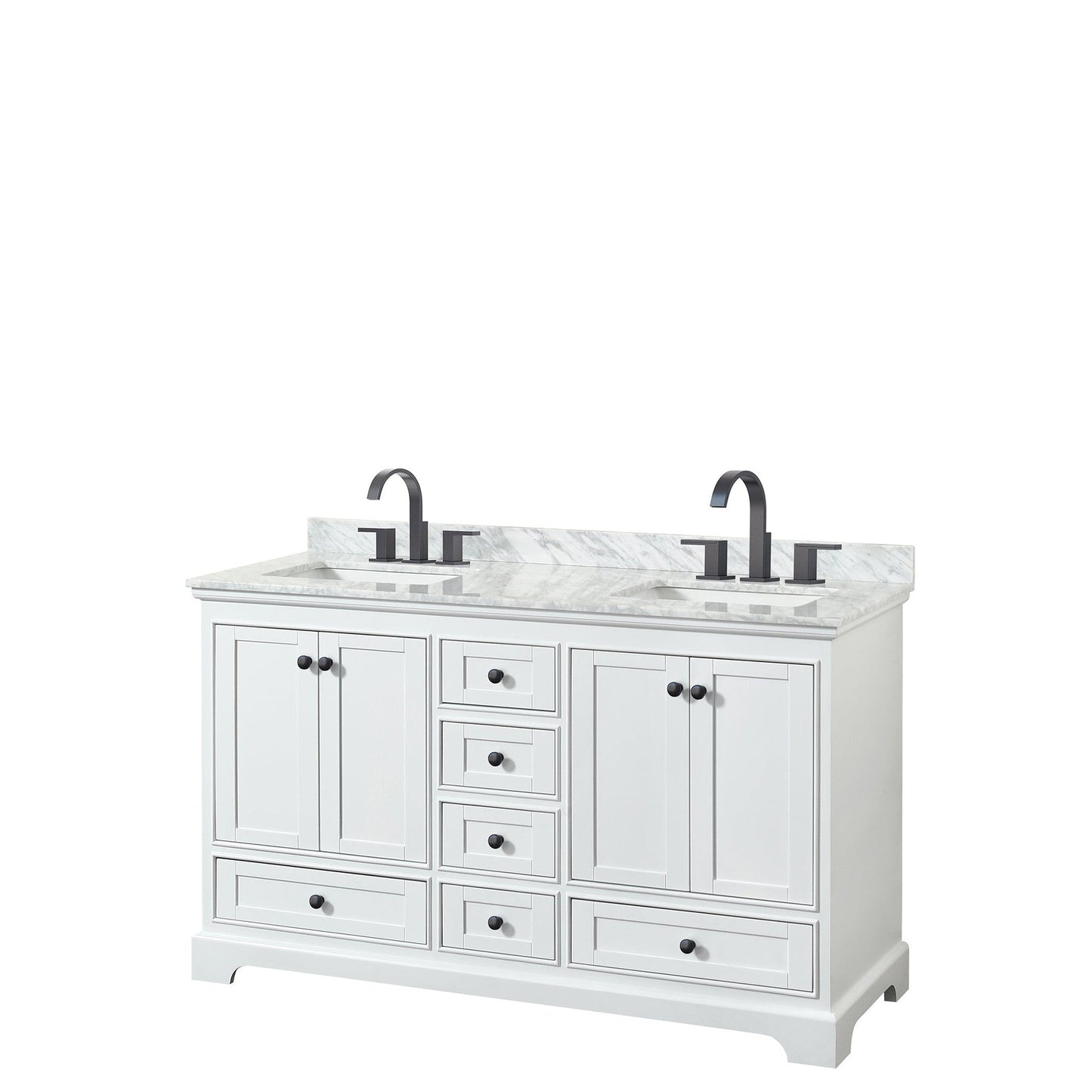 Deborah 60" Double Bathroom Vanity in White, White Carrara Marble Countertop, Undermount Square Sinks, Matte Black Trim