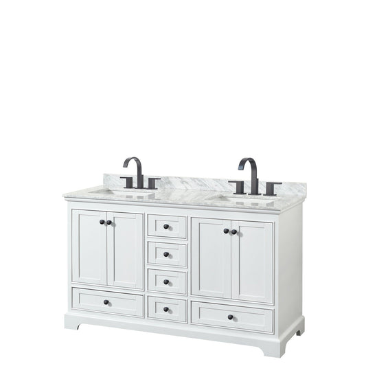 Deborah 60" Double Bathroom Vanity in White, White Carrara Marble Countertop, Undermount Square Sinks, Matte Black Trim