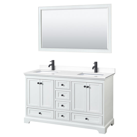 Deborah 60" Double Bathroom Vanity in White, White Cultured Marble Countertop, Undermount Square Sinks, Matte Black Trim, 58" Mirror