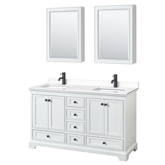 Deborah 60" Double Bathroom Vanity in White, White Cultured Marble Countertop, Undermount Square Sinks, Matte Black Trim, Medicine Cabinets