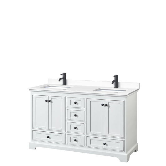 Deborah 60" Double Bathroom Vanity in White, White Cultured Marble Countertop, Undermount Square Sinks, Matte Black Trim