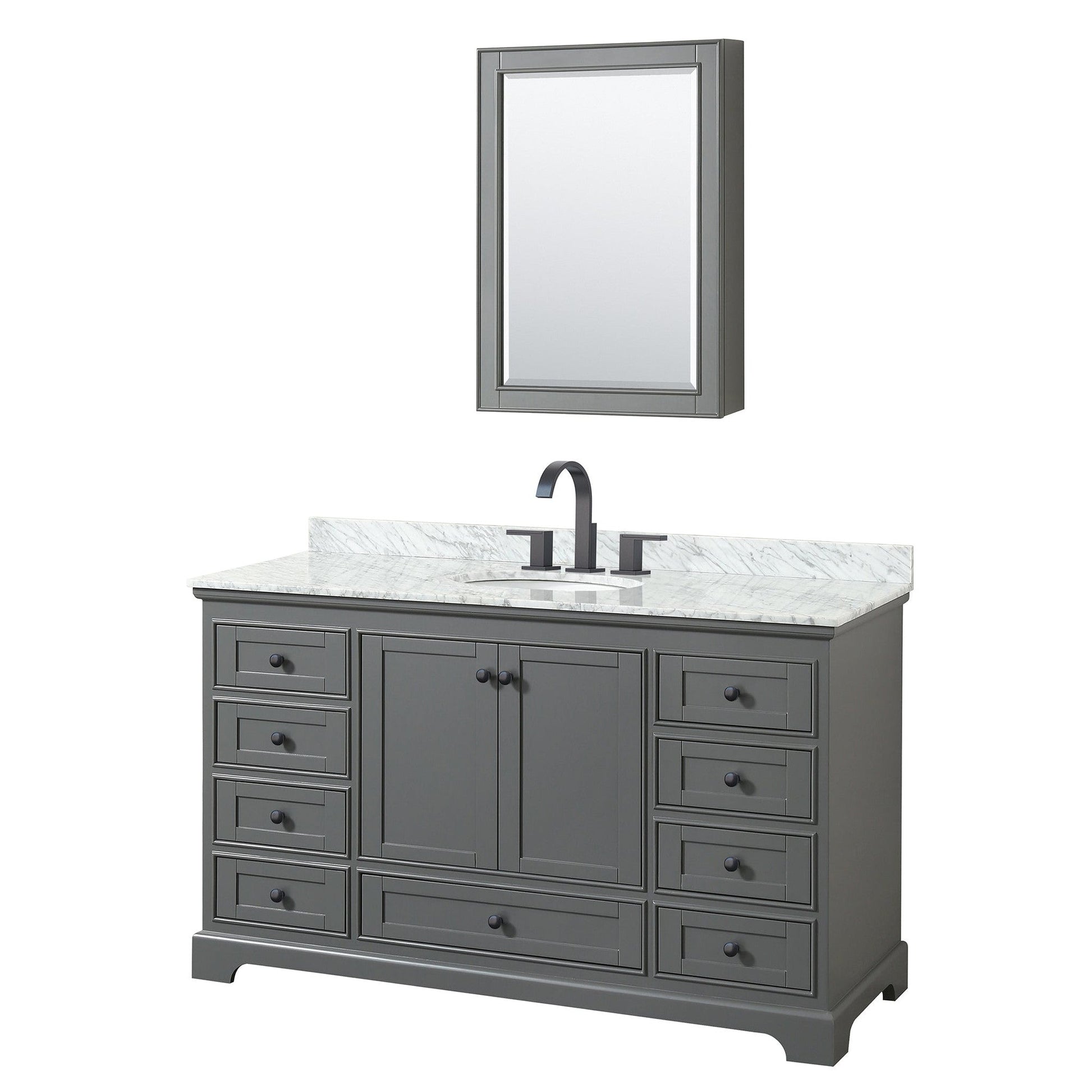 Deborah 60" Single Bathroom Vanity in Dark Gray, White Carrara Marble Countertop, Undermount Oval Sink, Matte Black Trim, Medicine Cabinet