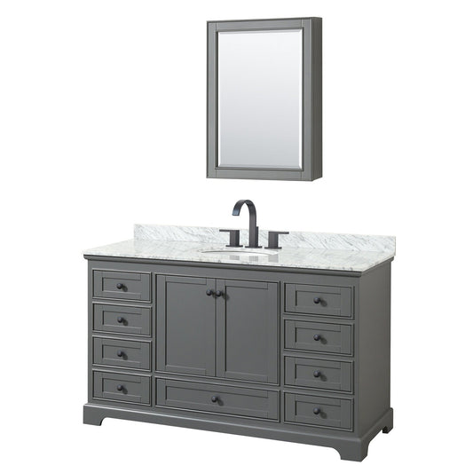 Deborah 60" Single Bathroom Vanity in Dark Gray, White Carrara Marble Countertop, Undermount Oval Sink, Matte Black Trim, Medicine Cabinet