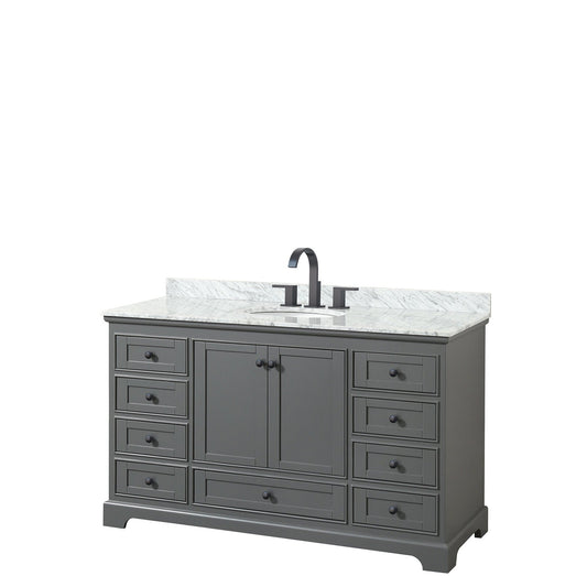 Deborah 60" Single Bathroom Vanity in Dark Gray, White Carrara Marble Countertop, Undermount Oval Sink, Matte Black Trim