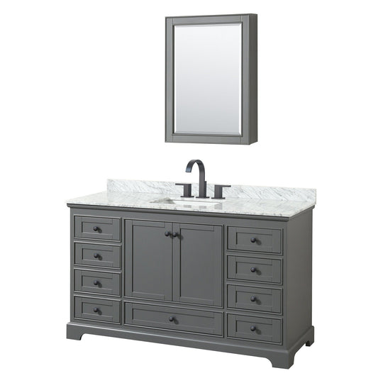 Deborah 60" Single Bathroom Vanity in Dark Gray, White Carrara Marble Countertop, Undermount Square Sink, Matte Black Trim, Medicine Cabinet