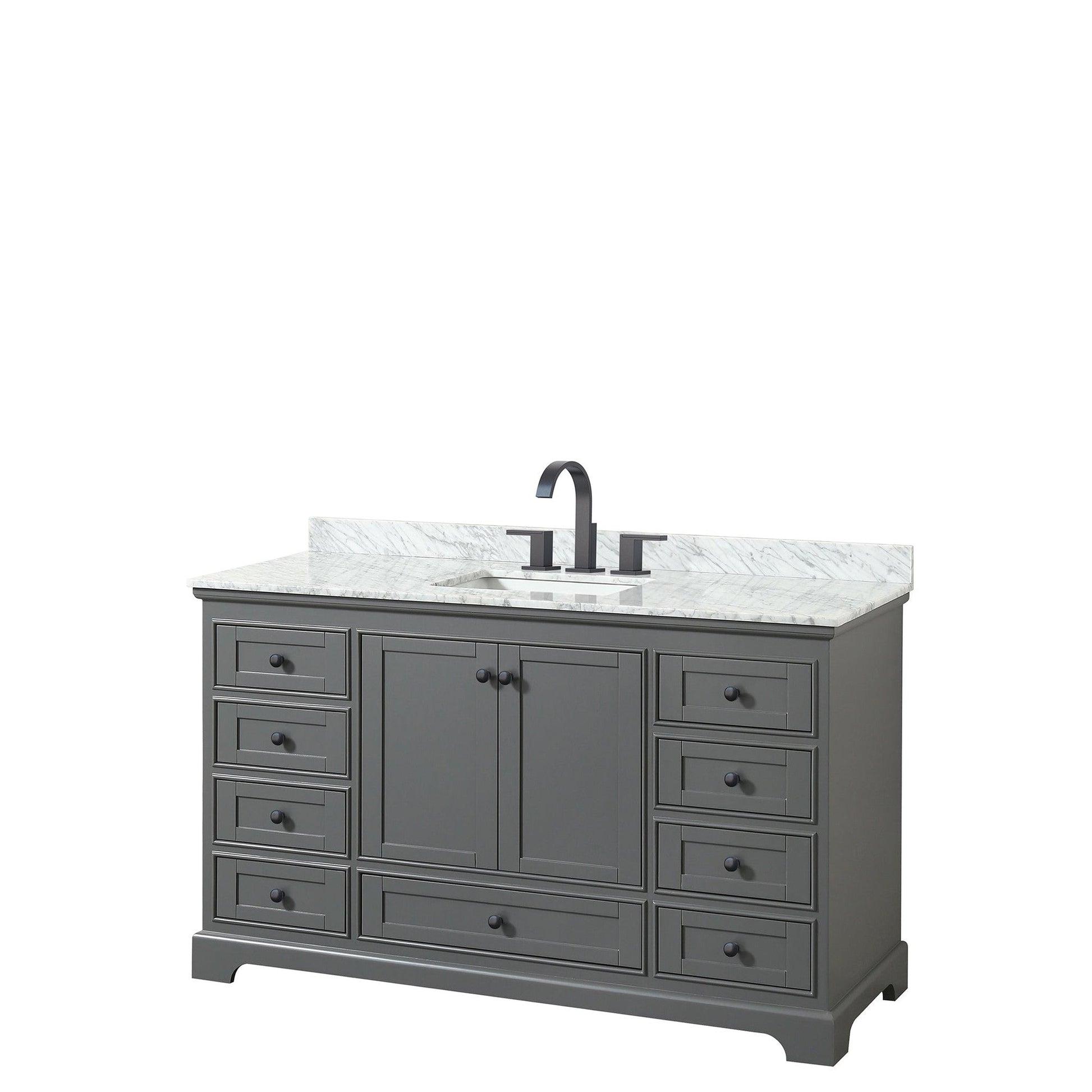 Deborah 60" Single Bathroom Vanity in Dark Gray, White Carrara Marble Countertop, Undermount Square Sink, Matte Black Trim