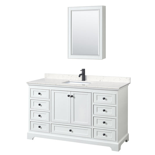 Deborah 60" Single Bathroom Vanity in White, Carrara Cultured Marble Countertop, Undermount Square Sink, Matte Black Trim, Medicine Cabinet