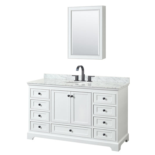 Deborah 60" Single Bathroom Vanity in White, White Carrara Marble Countertop, Undermount Oval Sink, Matte Black Trim, Medicine Cabinet