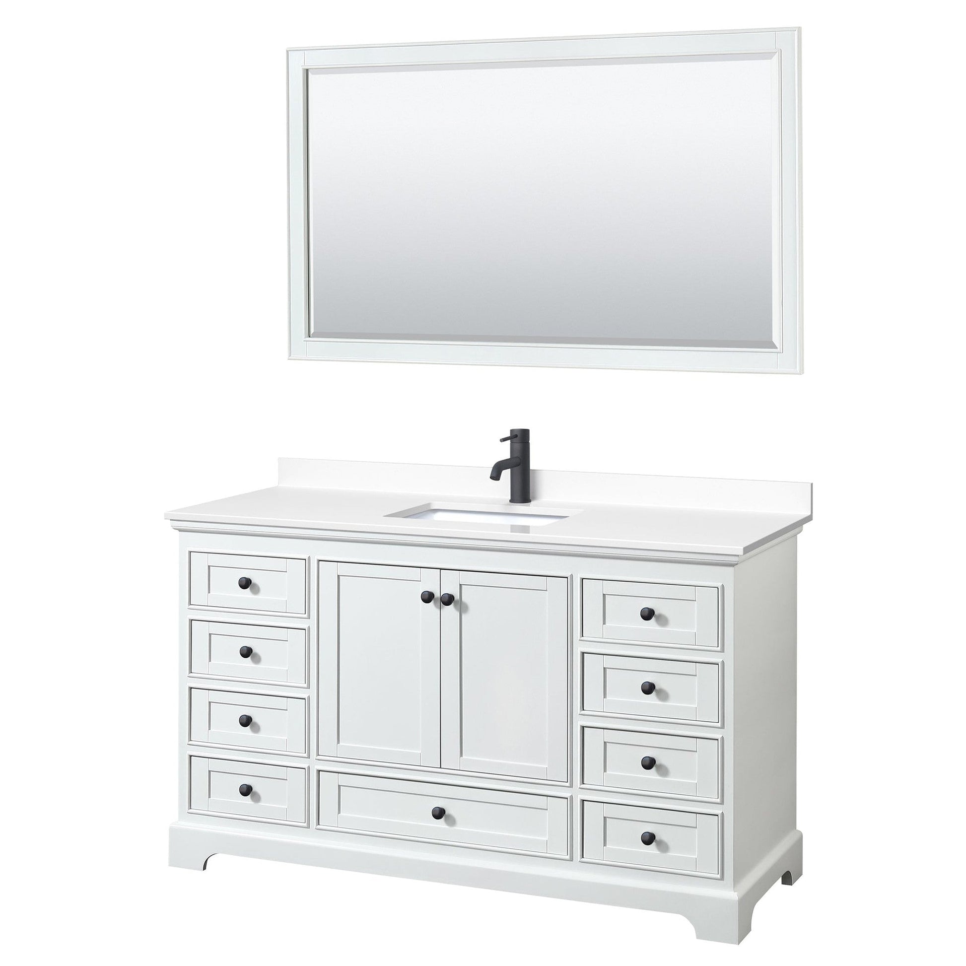 Deborah 60" Single Bathroom Vanity in White, White Cultured Marble Countertop, Undermount Square Sink, Matte Black Trim, 58" Mirror