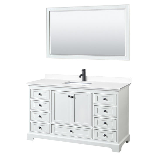 Deborah 60" Single Bathroom Vanity in White, White Cultured Marble Countertop, Undermount Square Sink, Matte Black Trim, 58" Mirror