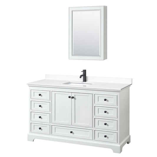 Deborah 60" Single Bathroom Vanity in White, White Cultured Marble Countertop, Undermount Square Sink, Matte Black Trim, Medicine Cabinet