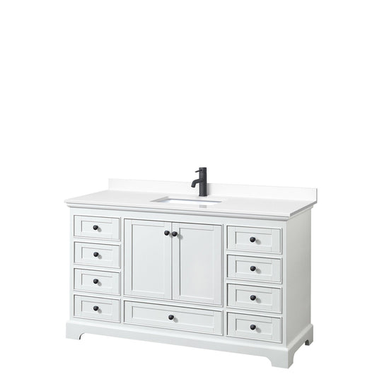 Deborah 60" Single Bathroom Vanity in White, White Cultured Marble Countertop, Undermount Square Sink, Matte Black Trim