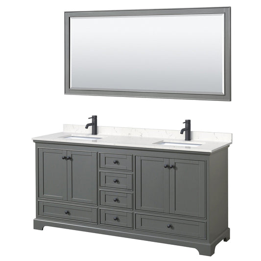 Deborah 72" Double Bathroom Vanity in Dark Gray, Carrara Cultured Marble Countertop, Undermount Square Sinks, Matte Black Trim, 70" Mirror