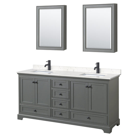 Deborah 72" Double Bathroom Vanity in Dark Gray, Carrara Cultured Marble Countertop, Undermount Square Sinks, Matte Black Trim, Medicine Cabinets