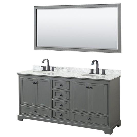 Deborah 72" Double Bathroom Vanity in Dark Gray, White Carrara Marble Countertop, Undermount Oval Sinks, Matte Black Trim, 70" Mirror