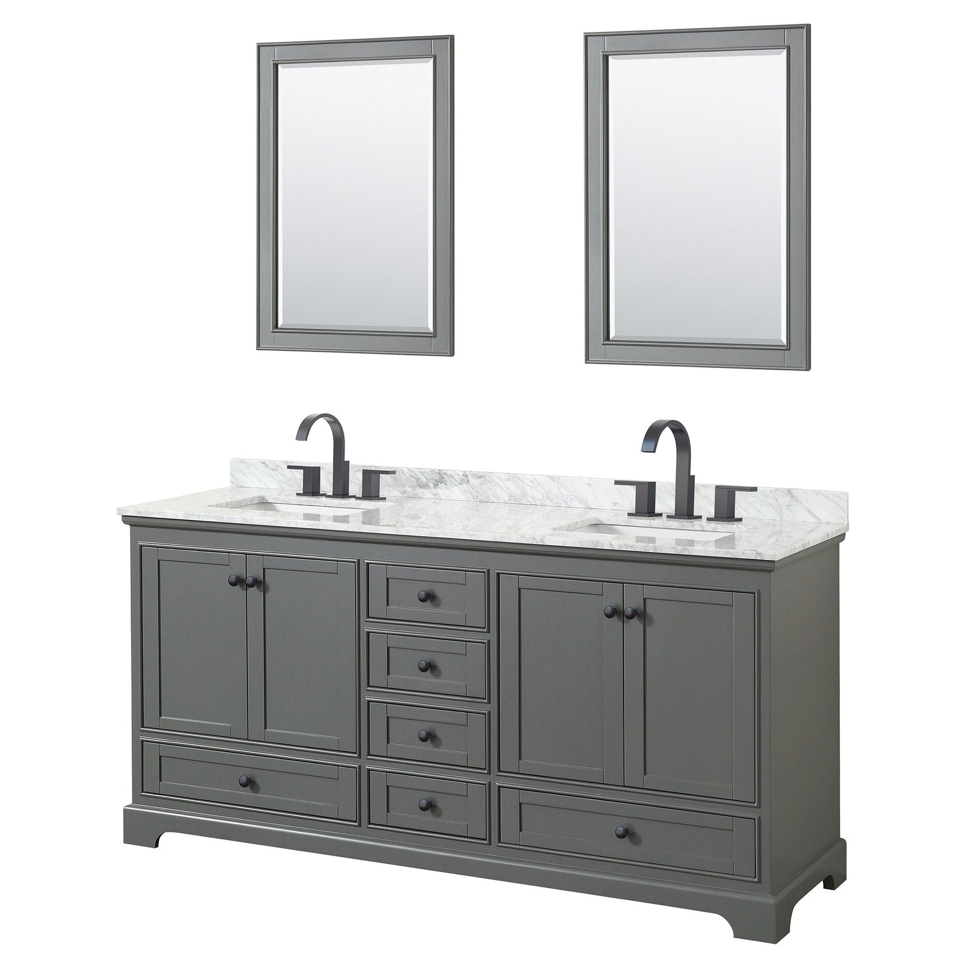 Deborah 72" Double Bathroom Vanity in Dark Gray, White Carrara Marble Countertop, Undermount Square Sinks, Matte Black Trim, 24" Mirrors