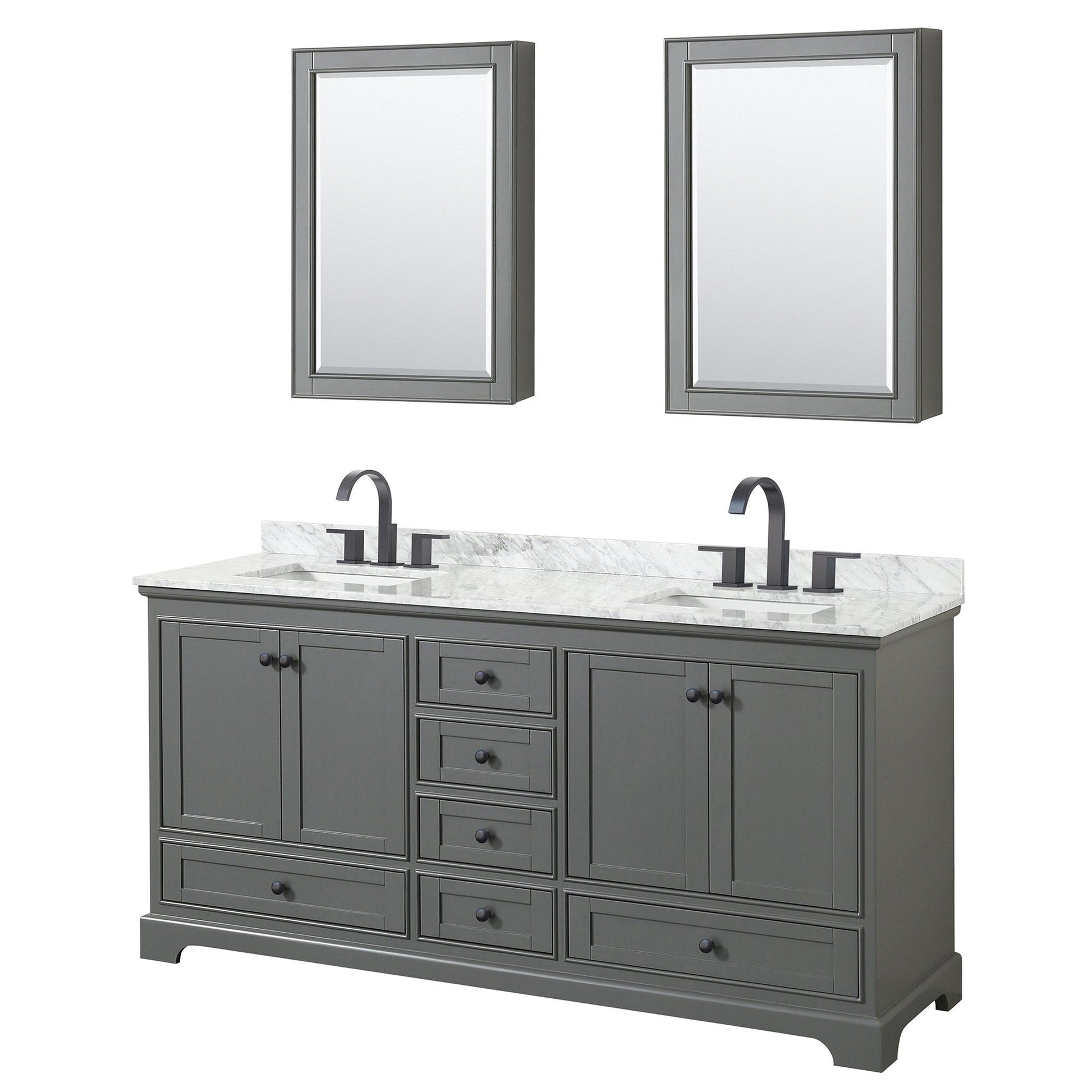 Deborah 72" Double Bathroom Vanity in Dark Gray, White Carrara Marble Countertop, Undermount Square Sinks, Matte Black Trim, Medicine Cabinets