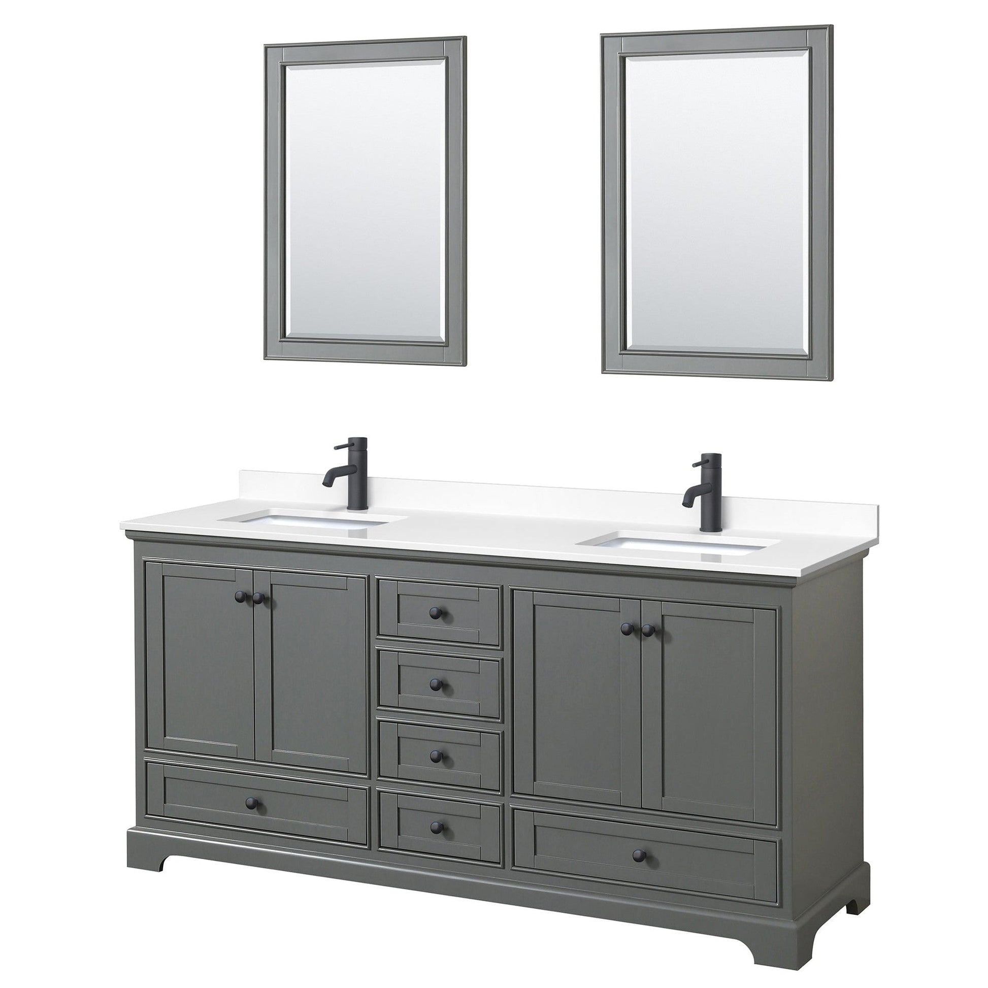 Deborah 72" Double Bathroom Vanity in Dark Gray, White Cultured Marble Countertop, Undermount Square Sinks, Matte Black Trim, 24" Mirrors