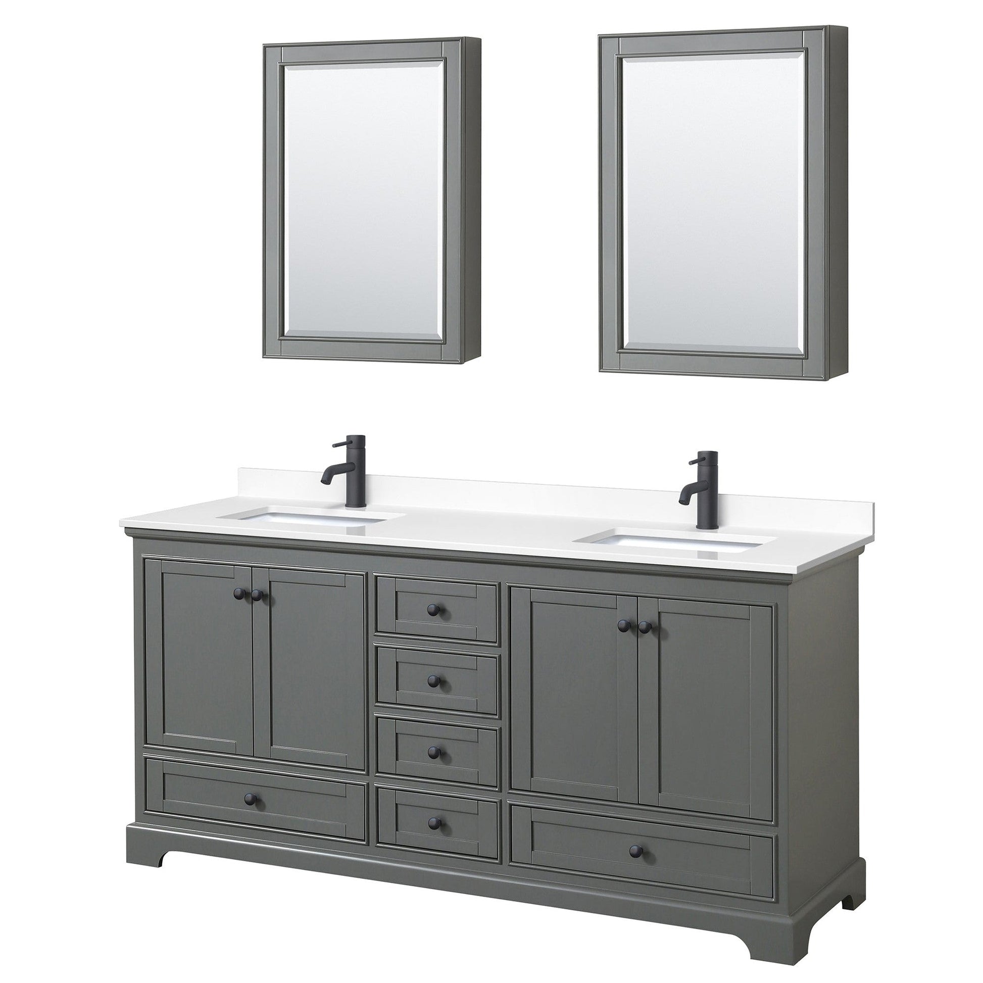 Deborah 72" Double Bathroom Vanity in Dark Gray, White Cultured Marble Countertop, Undermount Square Sinks, Matte Black Trim, Medicine Cabinets