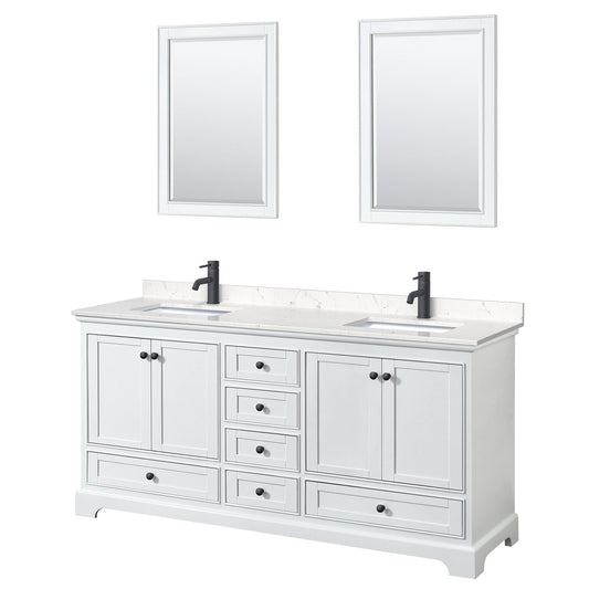 Deborah 72" Double Bathroom Vanity in White, Carrara Cultured Marble Countertop, Undermount Square Sinks, Matte Black Trim, 24" Mirrors