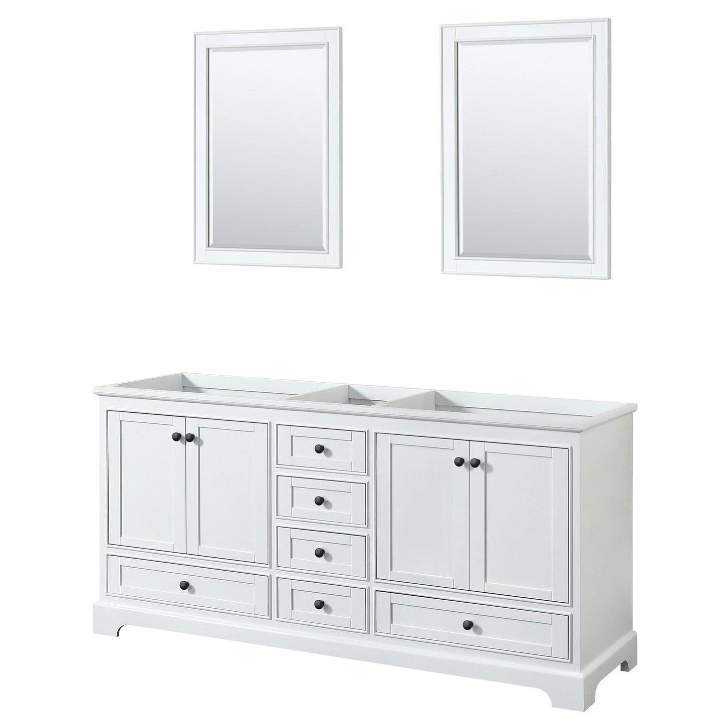 Deborah 72" Double Bathroom Vanity in White, No Countertop, No Sinks, Matte Black Trim, 24" Mirrors