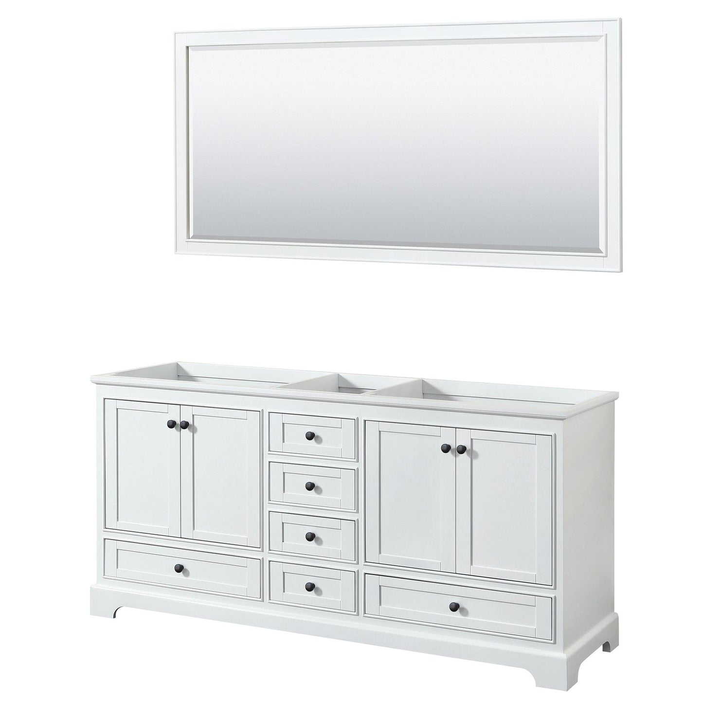 Deborah 72" Double Bathroom Vanity in White, No Countertop, No Sinks, Matte Black Trim, 70" Mirror