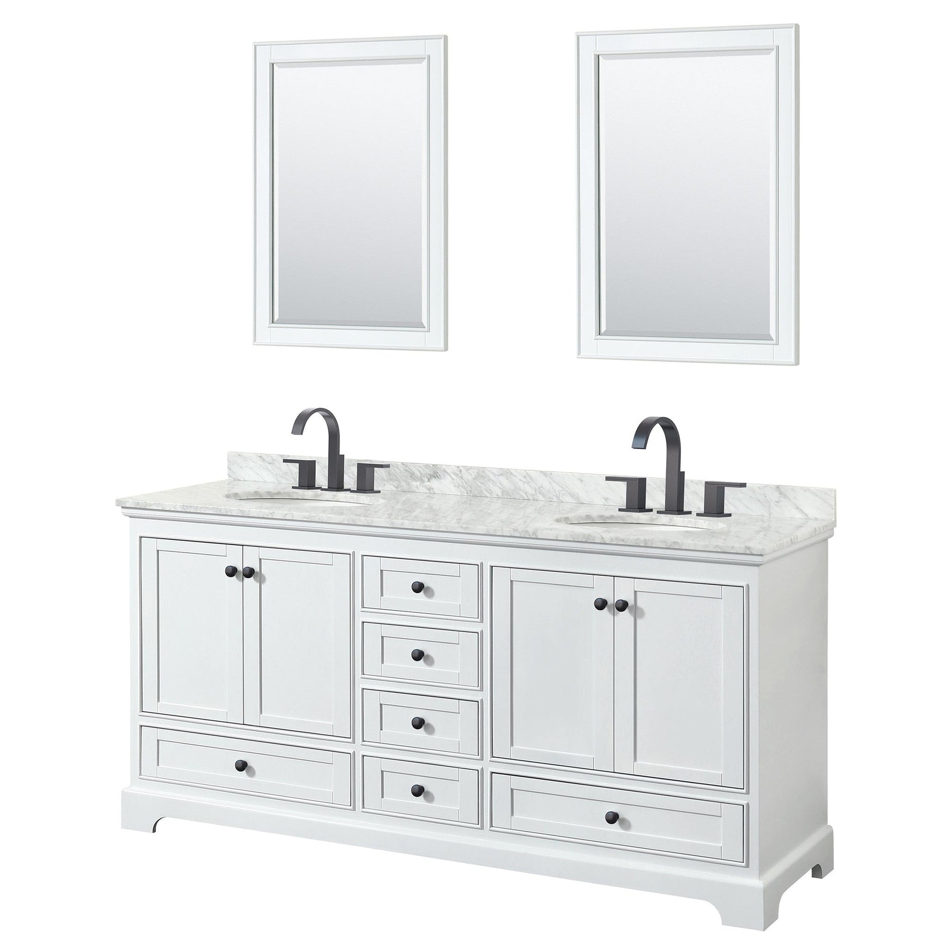 Deborah 72" Double Bathroom Vanity in White, White Carrara Marble Countertop, Undermount Oval Sinks, Matte Black Trim, 24" Mirrors