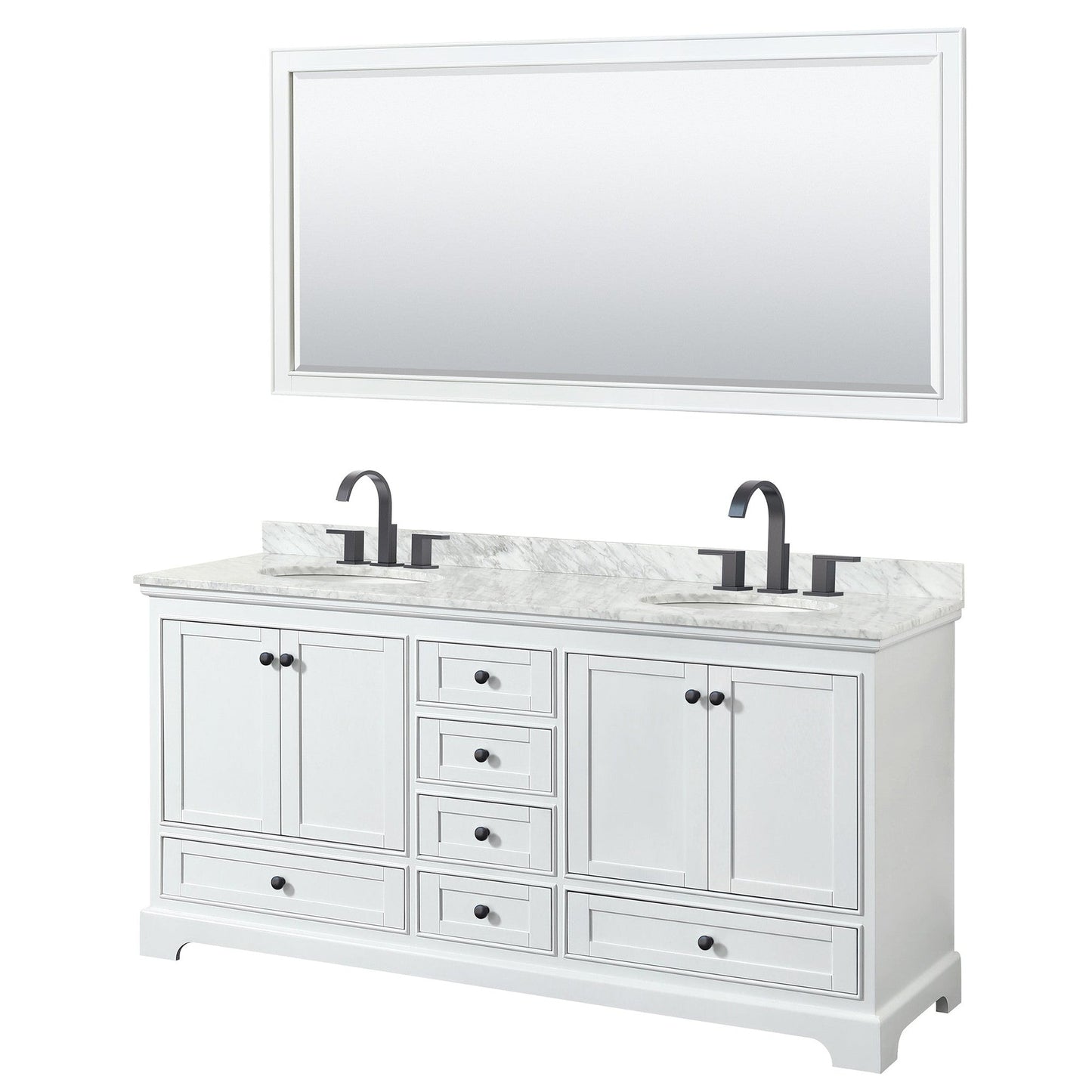 Deborah 72" Double Bathroom Vanity in White, White Carrara Marble Countertop, Undermount Oval Sinks, Matte Black Trim, 70" Mirror