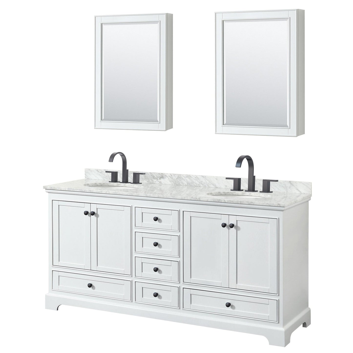 Deborah 72" Double Bathroom Vanity in White, White Carrara Marble Countertop, Undermount Oval Sinks, Matte Black Trim, Medicine Cabinets