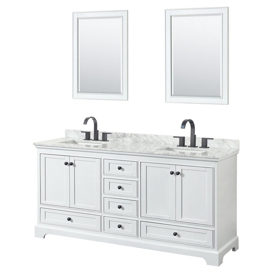 Deborah 72" Double Bathroom Vanity in White, White Carrara Marble Countertop, Undermount Square Sinks, Matte Black Trim, 24" Mirrors