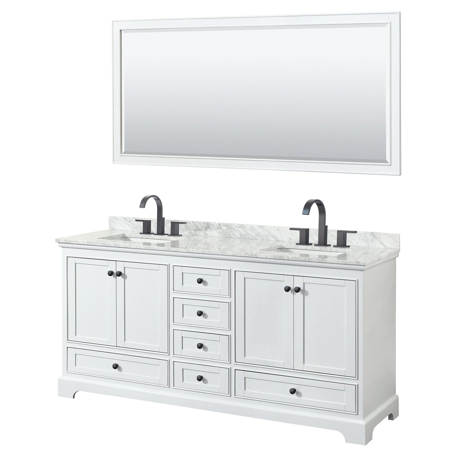 Deborah 72" Double Bathroom Vanity in White, White Carrara Marble Countertop, Undermount Square Sinks, Matte Black Trim, 70" Mirror