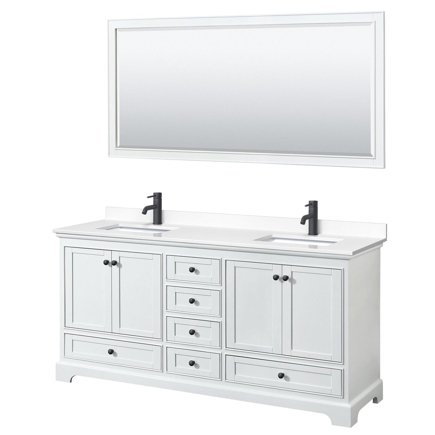 Deborah 72" Double Bathroom Vanity in White, White Cultured Marble Countertop, Undermount Square Sinks, Matte Black Trim, 70" Mirror