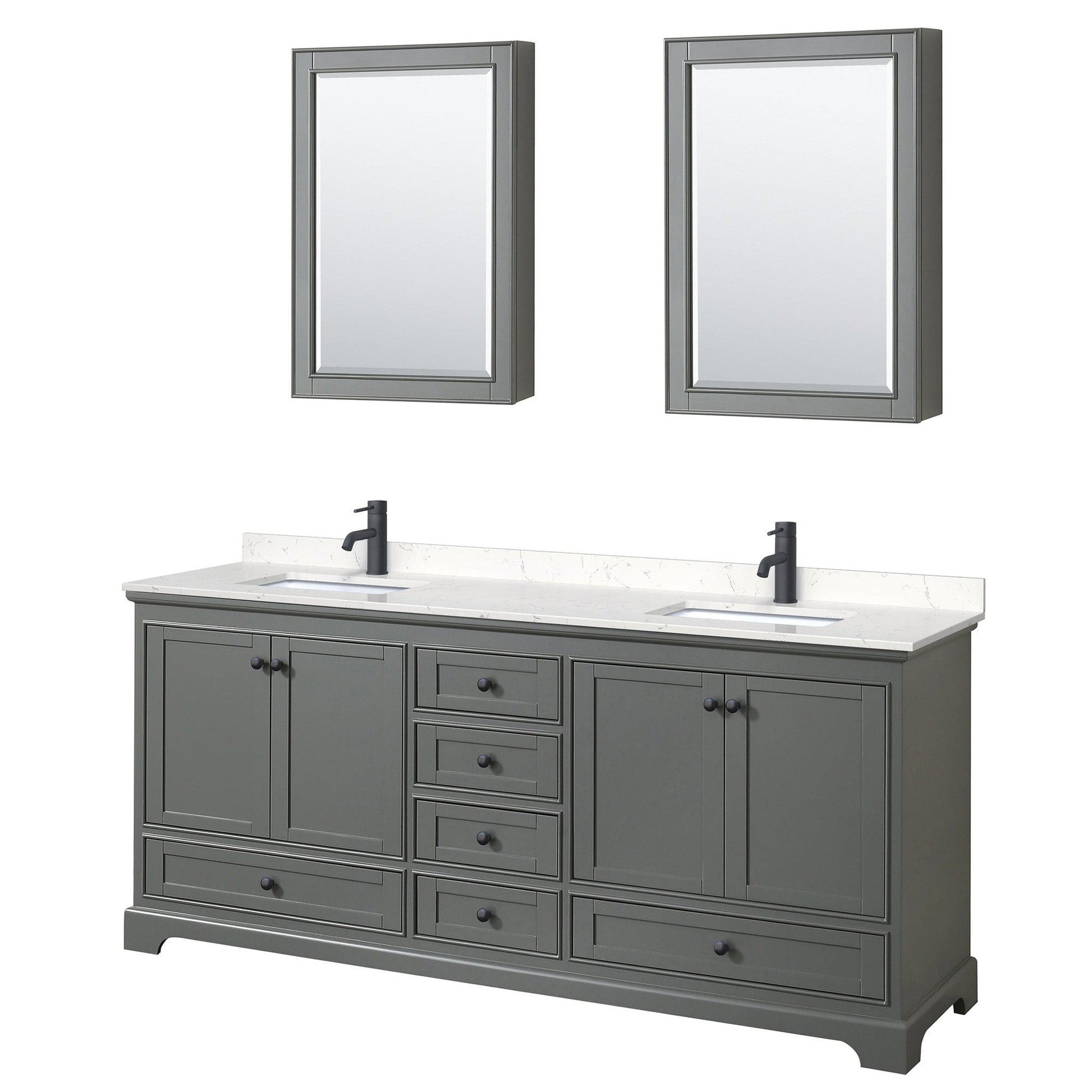 Deborah 80" Double Bathroom Vanity in Dark Gray, Carrara Cultured Marble Countertop, Undermount Square Sinks, Matte Black Trim, Medicine Cabinets