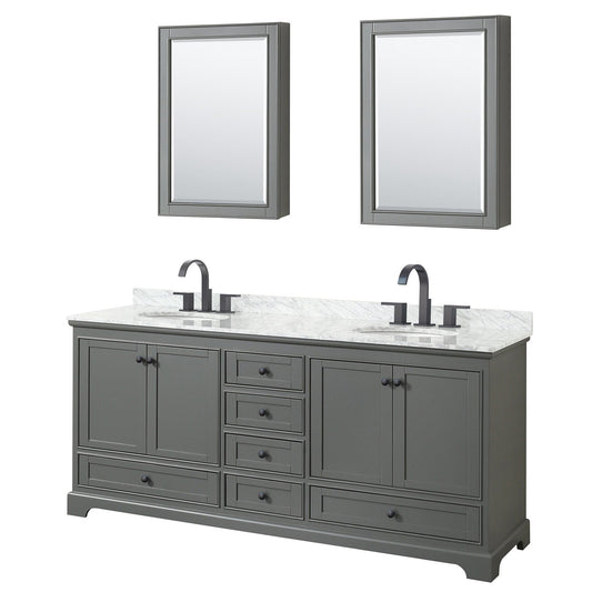 Deborah 80" Double Bathroom Vanity in Dark Gray, White Carrara Marble Countertop, Undermount Oval Sinks, Matte Black Trim, Medicine Cabinets