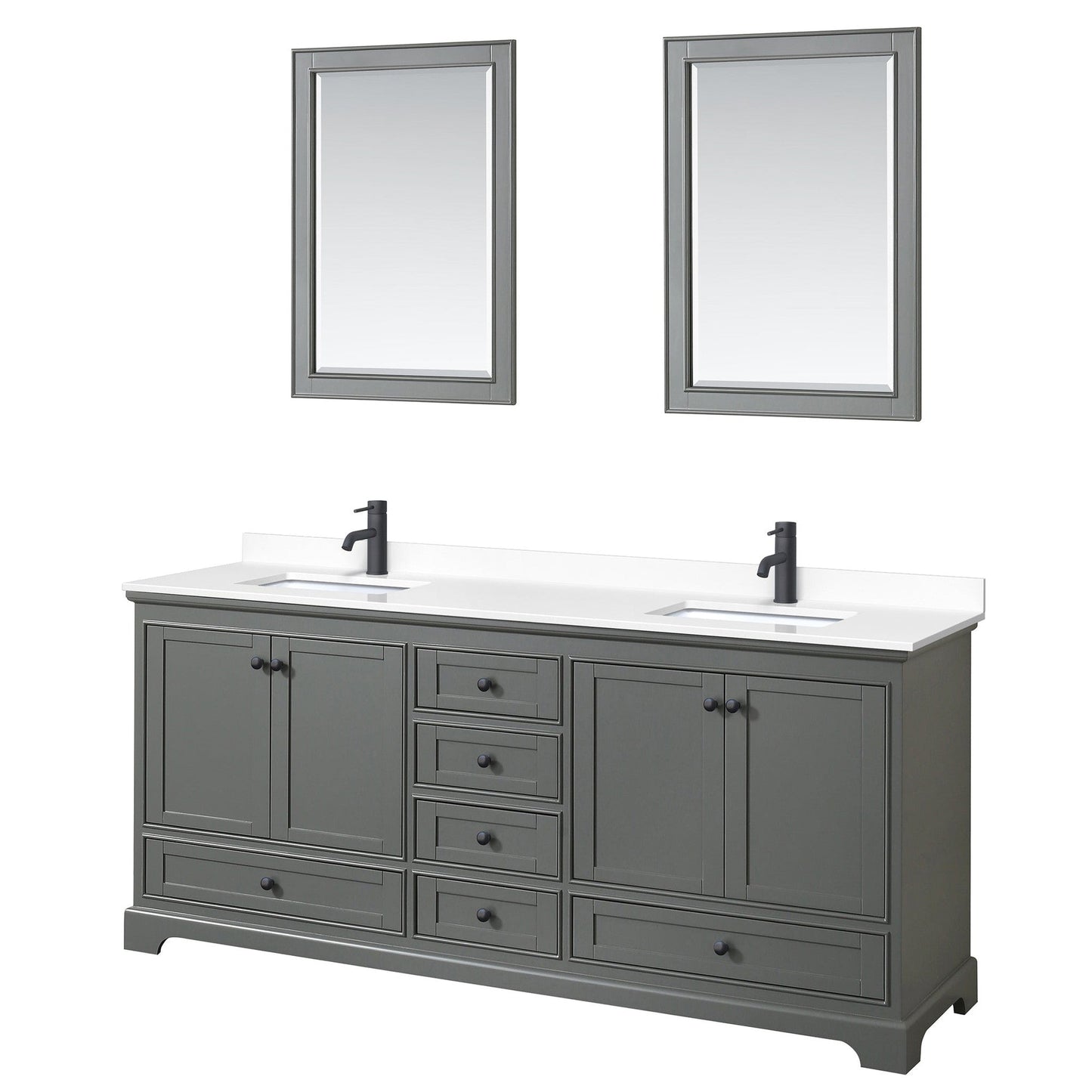 Deborah 80" Double Bathroom Vanity in Dark Gray, White Cultured Marble Countertop, Undermount Square Sinks, Matte Black Trim, 24" Mirrors