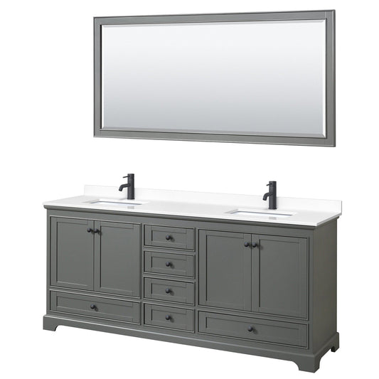 Deborah 80" Double Bathroom Vanity in Dark Gray, White Cultured Marble Countertop, Undermount Square Sinks, Matte Black Trim, 70" Mirror