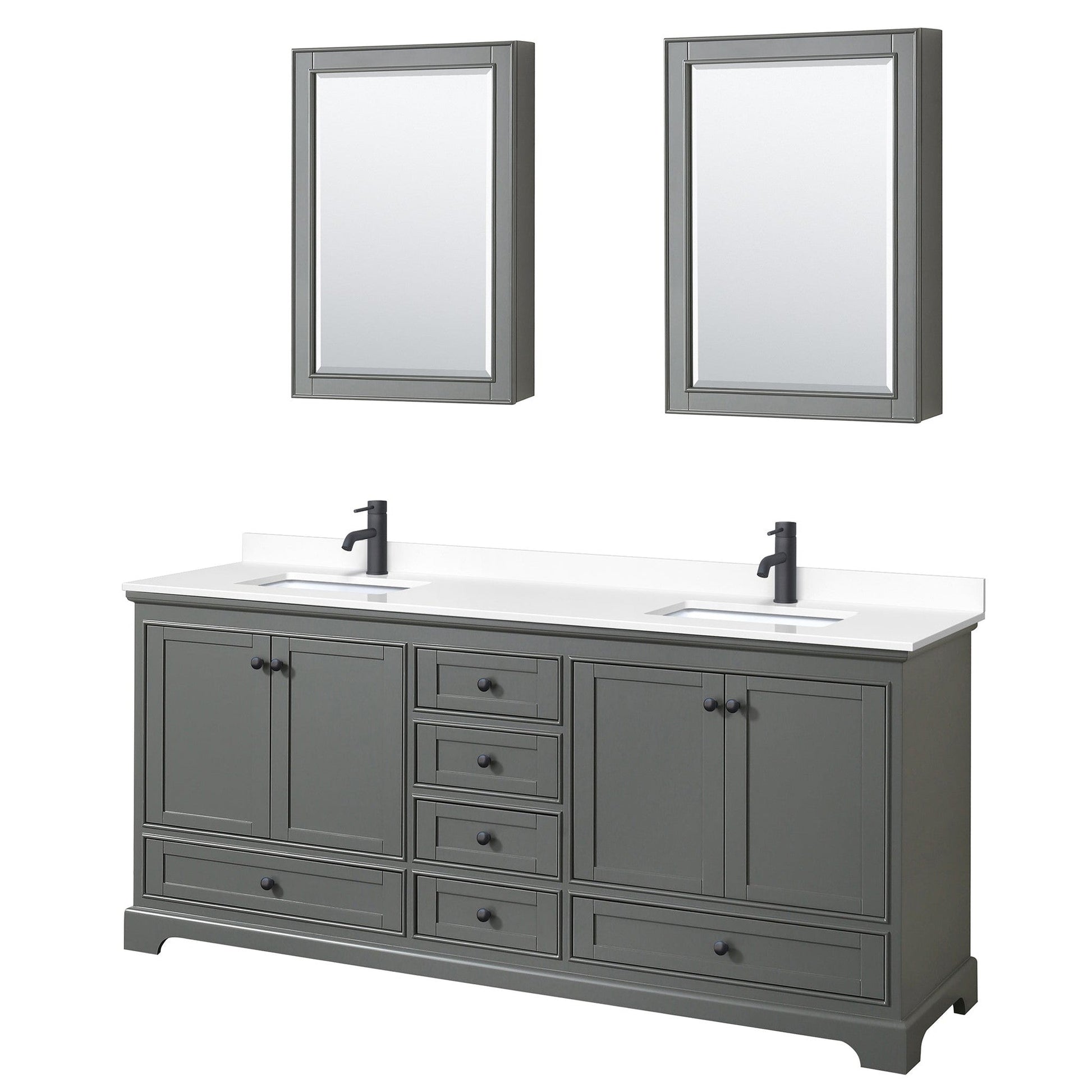 Deborah 80" Double Bathroom Vanity in Dark Gray, White Cultured Marble Countertop, Undermount Square Sinks, Matte Black Trim, Medicine Cabinets