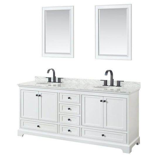 Deborah 80" Double Bathroom Vanity in White, White Carrara Marble Countertop, Undermount Oval Sinks, Matte Black Trim, 24" Mirrors