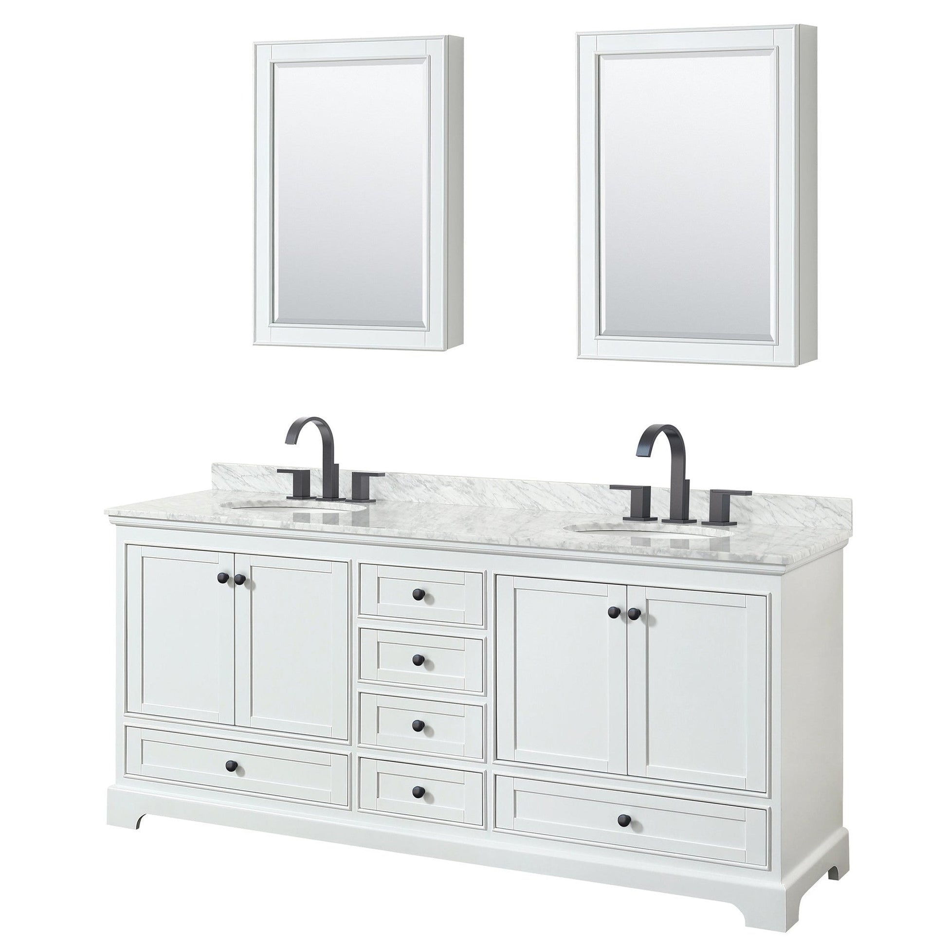 Deborah 80" Double Bathroom Vanity in White, White Carrara Marble Countertop, Undermount Oval Sinks, Matte Black Trim, Medicine Cabinets