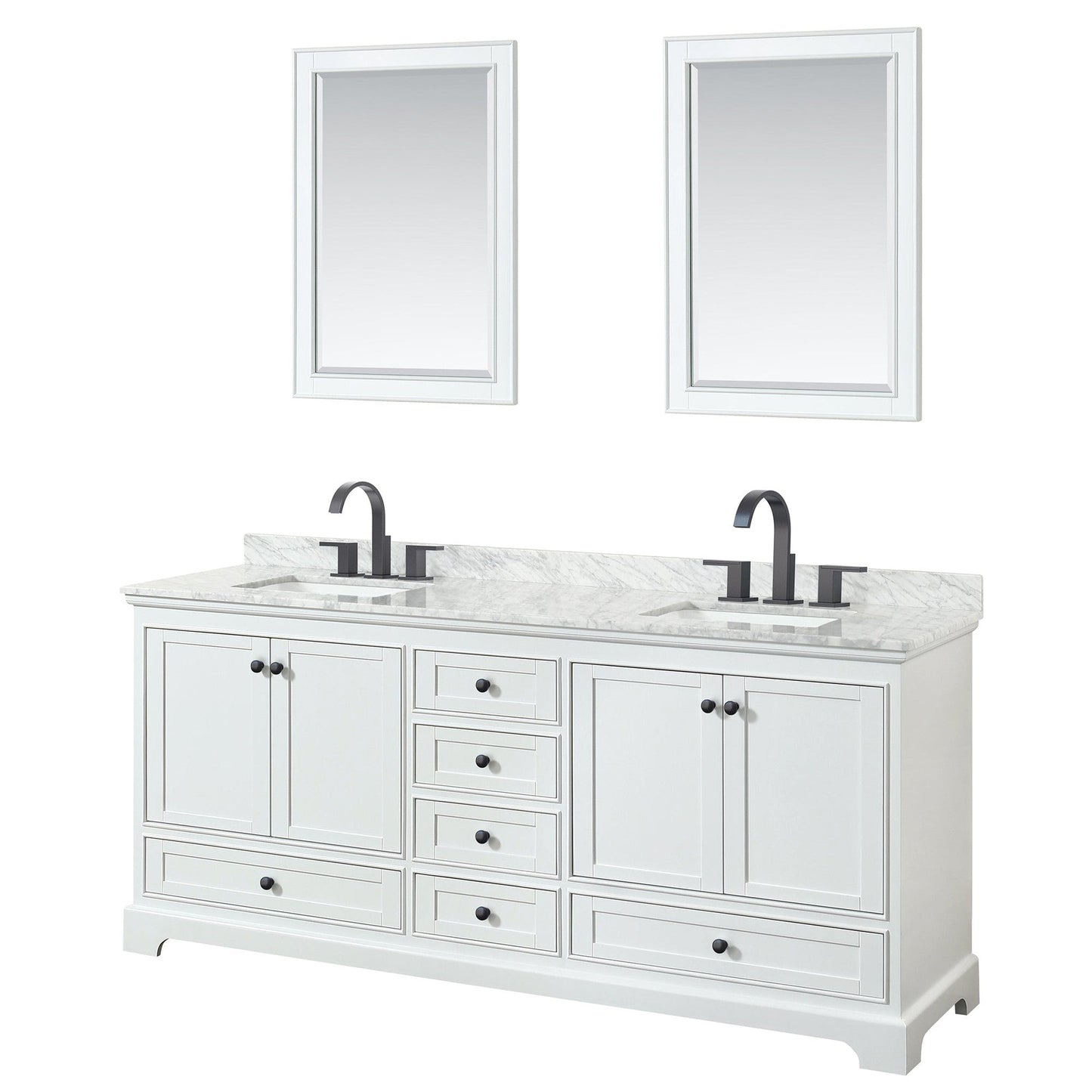 Deborah 80" Double Bathroom Vanity in White, White Carrara Marble Countertop, Undermount Square Sinks, Matte Black Trim, 24" Mirrors