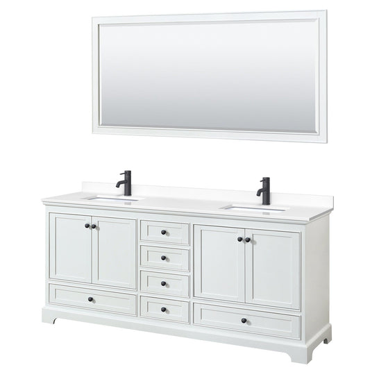 Deborah 80" Double Bathroom Vanity in White, White Cultured Marble Countertop, Undermount Square Sinks, Matte Black Trim, 70" Mirror