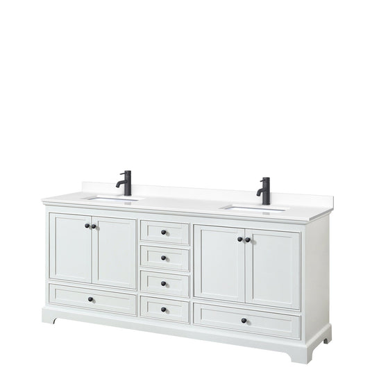 Deborah 80" Double Bathroom Vanity in White, White Cultured Marble Countertop, Undermount Square Sinks, Matte Black Trims