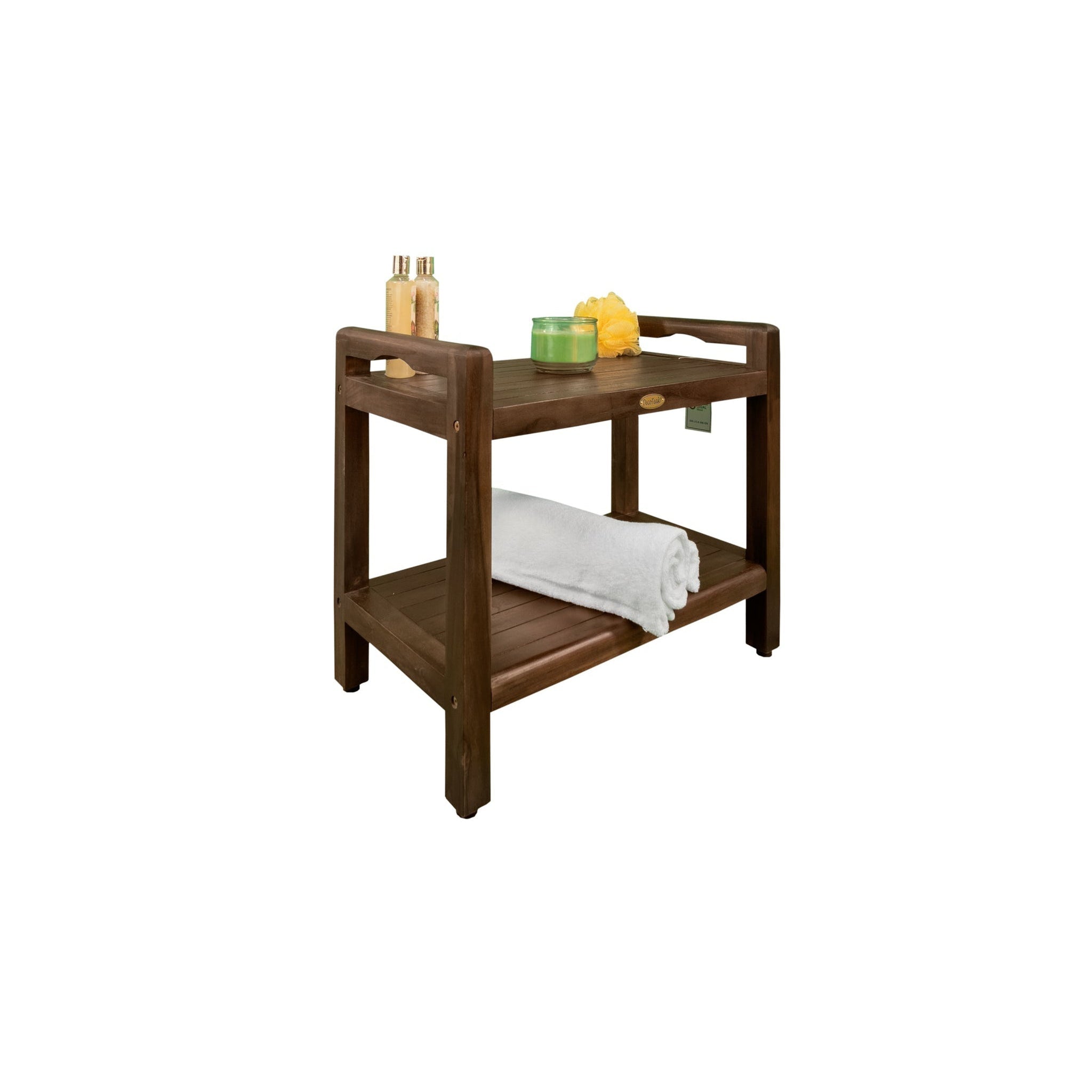 DecoTeak Eleganto 24 Woodland Brown Solid Teak Wood Tall Shower Bench With LiftAide Arms and Shelf