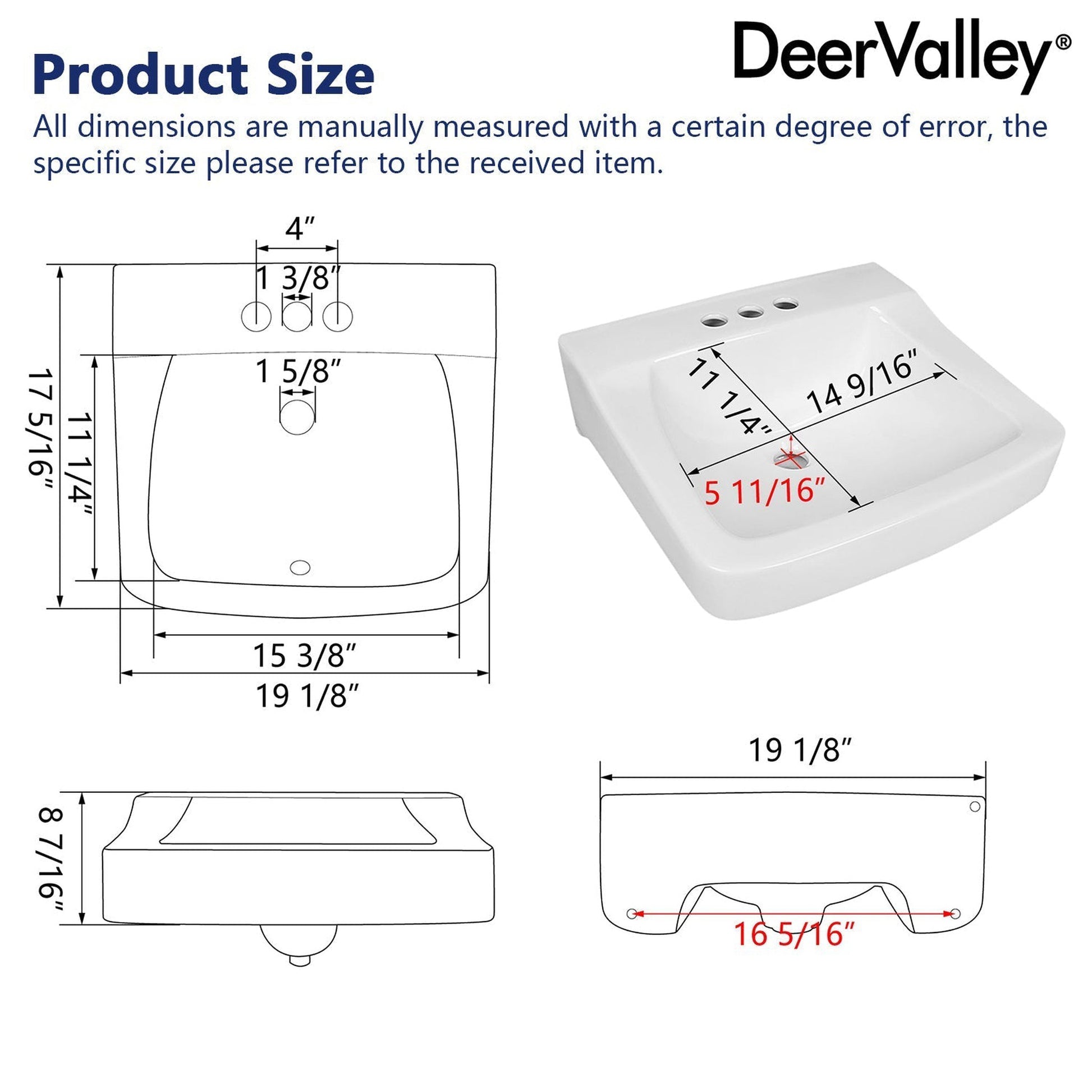 DeerValley 17" Rectangular White Wall-Mounted Bathroom Sink With Overflow Hole