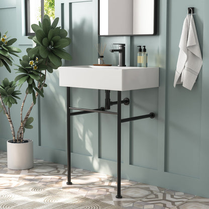 DeerValley 24" Rectangular White Ceramic Console Bathroom Sink With Black Legs and Single Faucet Hole