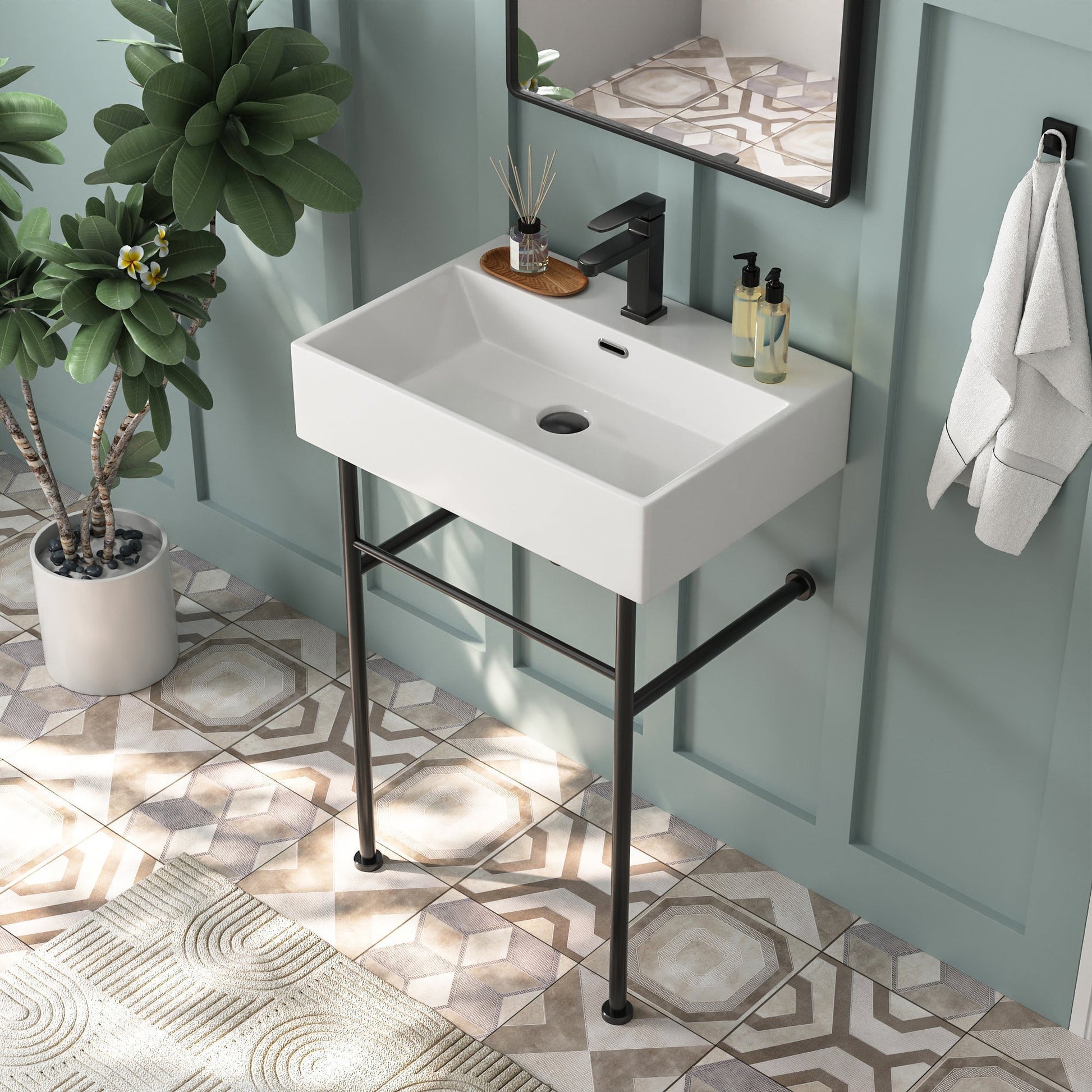 DeerValley 24" Rectangular White Ceramic Console Bathroom Sink With Black Legs and Single Faucet Hole